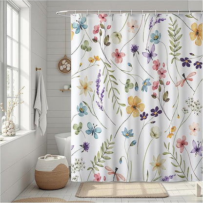 Wildflowers Shower Curtain, Watercolor Bright Floral and Plant Leaf Pattern, Waterproof Polyester Fabric Shower Curtains Sets with Hooks for Bathroom 72x72 Inches