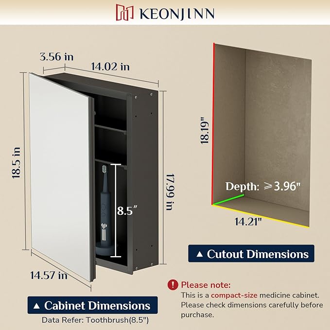 Keonjinn Black Medicine Cabinet with Mirror 14" x 18", Adjustable Shelves | Assembly Required, Suitable for Compact Bathroom, Wall Mount or Recessed, Adjustable Shelves, HD Tempered Glass, Soft Closing