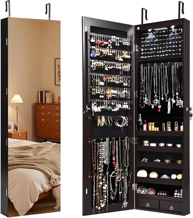 Giantex Wall Door Mounted Jewelry Armoire Cabinet with 47.5" H Full Length Mirror, 2 LEDs Lockable Jewelry Organizer Box with Bracelet Rod, 2 Drawers, Large Storage Capacity (Espresso)