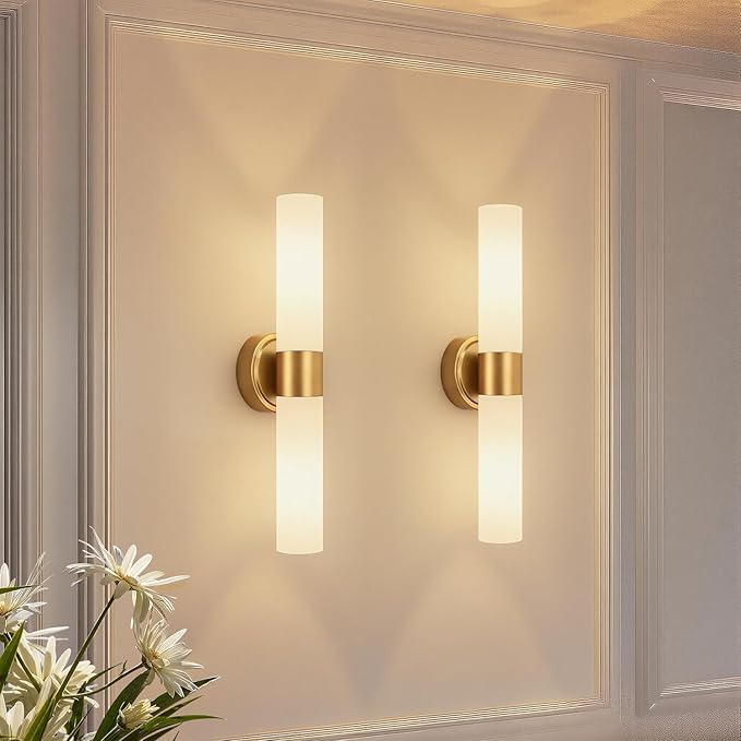 Wall Sconces Set of Two, Modern Bathroom Sconces Wall Lighting with Milky White Glass, Brushed Gold Sconces Wall Decor Set of 2 for Bathroom Mirror Bedroom Living Room Hallway (HARDWIRED)