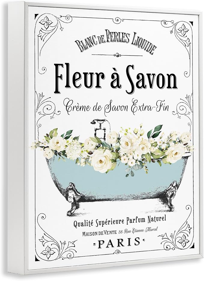 Stupell Industries 'Vintage Parisian Bathroom Advertisement Floral Blue Tub', Framed Giclee Art, White, 11 x 14 Inches, Easy to Hang and Sturdy, Made in USA, by Lettered and Lined