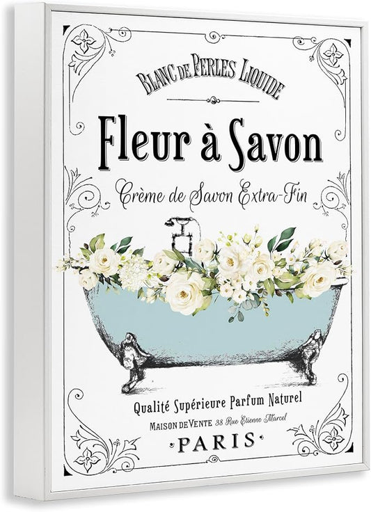 Stupell Industries 'Vintage Parisian Bathroom Advertisement Floral Blue Tub', Framed Giclee Art, White, 11 x 14 Inches, Easy to Hang and Sturdy, Made in USA, by Lettered and Lined