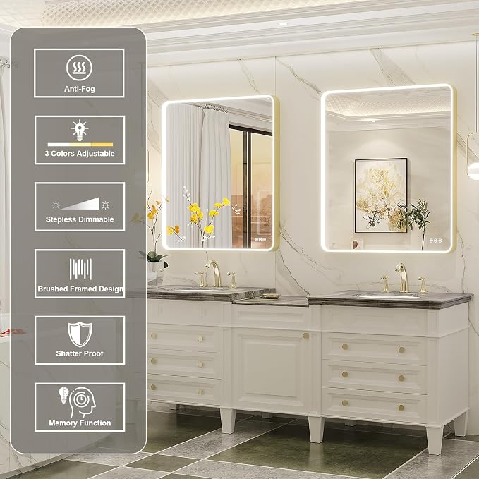 LED Mirror for Bathroom 30X36 Inch Gold Framed with Anti-Fog, Stepless Dimmable, Front Lit, LED Bathroom Vanity Mirror for Wall, Memory Function, Shatter-Proof