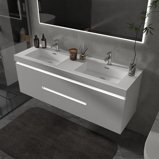 Vanity Art LED Lighted 60 Inch Double Sinks Wall Mounted Bathroom Vanity Set 2 Drawers 4 Shelves Storage Cabinet White Engineered Stone Top Undermount Rectangle Sinks with Sensor Switch