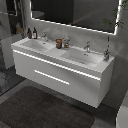 Vanity Art LED Lighted 60 Inch Double Sinks Wall Mounted Bathroom Vanity Set 2 Drawers 4 Shelves Storage Cabinet White Engineered Stone Top Undermount Rectangle Sinks with Sensor Switch