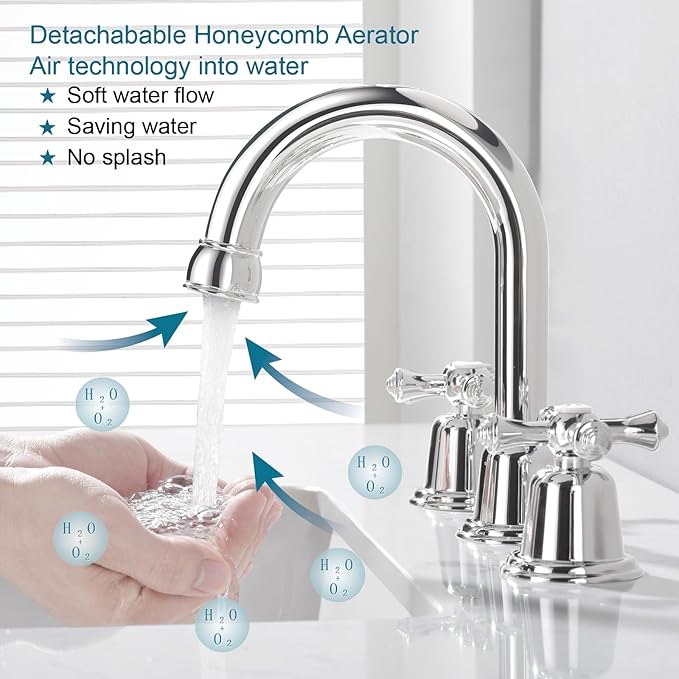 RKF Bathroom Faucets for Sink 3 Hole Chrome Polished 8 inch Widespread Bathroom Sink Faucet with Drain 2 Handles Cross Knobs Faucet Bathroom Vanity Faucet Basin Mixer Tap CWF039-CP