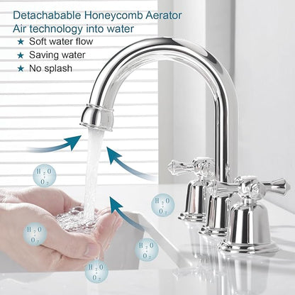 RKF Bathroom Faucets for Sink 3 Hole Chrome Polished 8 inch Widespread Bathroom Sink Faucet with Drain 2 Handles Cross Knobs Faucet Bathroom Vanity Faucet Basin Mixer Tap CWF039-CP