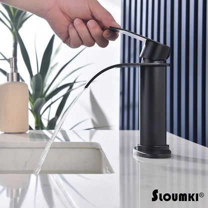 Black Waterfall Bathroom Faucet Single Hole, Matte Black Single Handle Bathroom Sink Faucet with Pop Up Drain and Supply Hose, Black Bathroom Faucet for Sink 1 Hole,SL5002BK