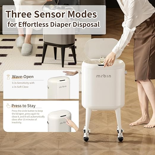 MRBIN Metal Slim Bathroom Motion Sensor Trash Can with Lid and Wheels, 13L / 3.4gal Electric Touchless Toilet Waste Basket with Legs for Narrow Vanity, Rvs, Dorm, Kitchen, Cream White