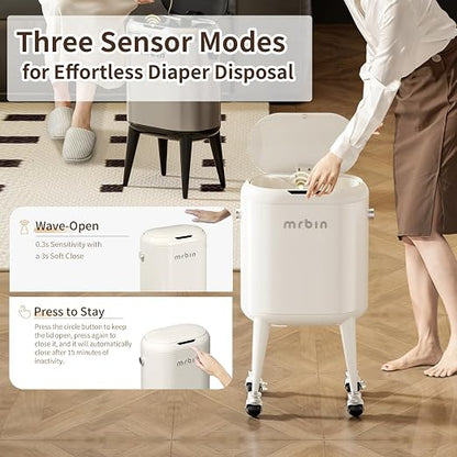 MRBIN Metal Slim Bathroom Motion Sensor Trash Can with Lid and Wheels, 13L / 3.4gal Electric Touchless Toilet Waste Basket with Legs for Narrow Vanity, Rvs, Dorm, Kitchen, Cream White