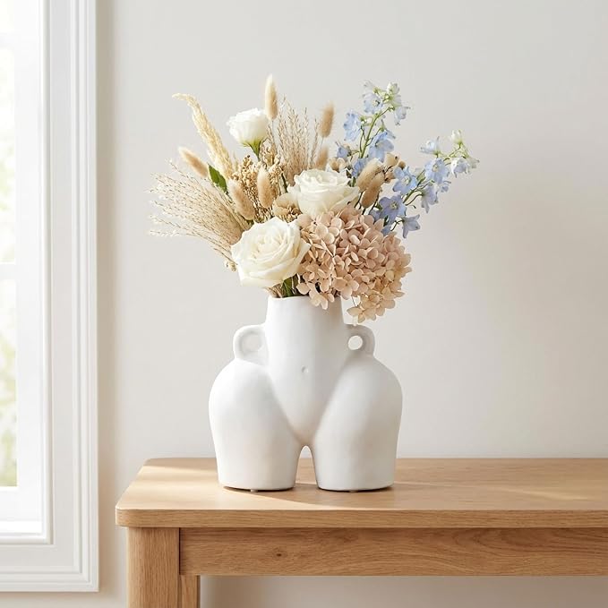 Decorative Half Body Ceramic Vase for Living Room Decor and Home Accents - Perfect for House and Table Decor Displays - Modern Flower Vase for Room, Bedroom, or Office Decor - 8", White