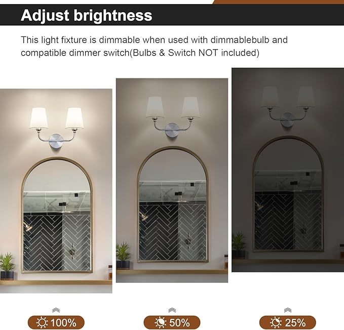 Bathroom Vanity Light Brushed Nickel Bathroom Lighting Fixtures Over Mirror | 2-Light Bathroom Light Fixtures with Flared White Fabric Shade, E26 Socket (ETL Listed)