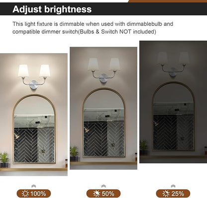 Bathroom Vanity Light Brushed Nickel Bathroom Lighting Fixtures Over Mirror | 2-Light Bathroom Light Fixtures with Flared White Fabric Shade, E26 Socket (ETL Listed)
