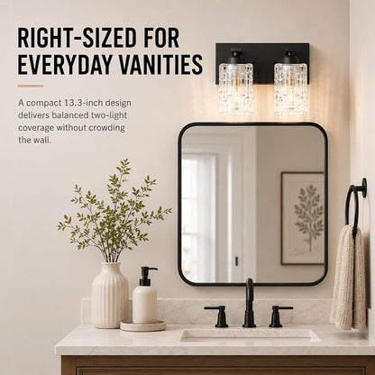 Matte Black Crystal Bathroom Vanity Light,2 Lights Modern Bathroom Wall Light,Over Mirror Light Fixtures for Living Room, Bedroom, Hallway