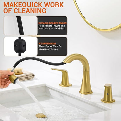 Gold Bathroom Faucet with Sprayer - Brushed Gold Faucets for Sink 3 Holes, Bathroom Pull Down Faucet, 2 Handles 8 Inch Widespread Vanity Faucet with Pull Out Sprayer & Pop-up Drain