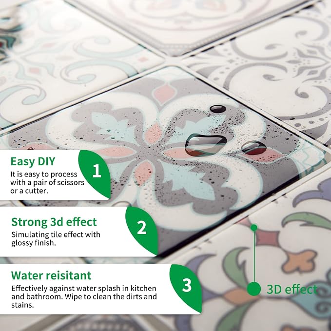 LONGKING Peel and Stick Backsplash Tile Stickers, Maximum Blue Green Tile for Kitchen, Stick on Wall Tiles (10 Sheets) | Peel and stick backsplash, self-adhesive wall tile, Blue Green, waterproof, kitchen bathroom wall, 10-sheet