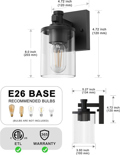 Bathroom Light Fixture, Bathroom Vanity Light Over Mirror, 1-Lights | Vanity Lights for Bathroom, Modern Lighting Fixtures with Clear Glass Shade, Black Vanity Lights, ETL Listed