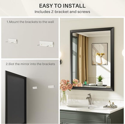 Black Metal Framed Bathroom Wall Mirror, 48x36 Inch | Anti-rust, HD tempered glass, for bathroom vanity, bedroom, living room, horizontal or vertical mount