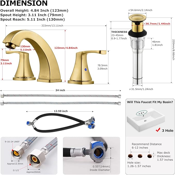 PARLOS 2-Handle Widespread Bathroom Faucet with Metal Pop Up Drain and cUPC Faucet Supply Lines, Brushed Gold, Doris 1417208
