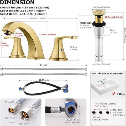 PARLOS 2-Handle Widespread Bathroom Faucet with Metal Pop Up Drain and cUPC Faucet Supply Lines, Brushed Gold, Doris 1417208