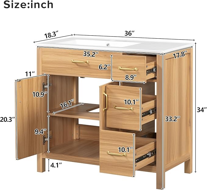 Favfurish 36" Bathroom Vanity,Free Standing Single Basin Vanity Combo with Sink,3 Soft Close Drawers & 2 Soft Close Doors,Solid Wood Frame Storage Cabinet w/Ceramic Basin,for Small Space,Natural