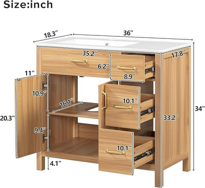 Favfurish 36" Bathroom Vanity,Free Standing Single Basin Vanity Combo with Sink,3 Soft Close Drawers & 2 Soft Close Doors,Solid Wood Frame Storage Cabinet w/Ceramic Basin,for Small Space,Natural