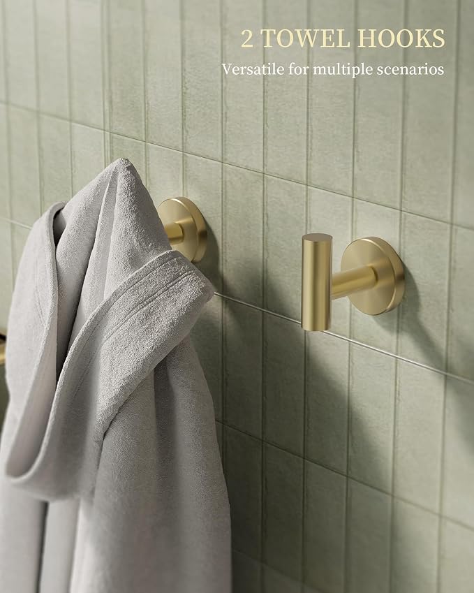Brushed Gold Bathroom Hardware Accessories Set 5 pcs Towel Holder Bar Set | 24 inches Stainless Steel Towel Bar, Towel Racks for Bathroom Robe Towel Hooks Toilet Paper Holder Wall Mounted by BATHLAVISH