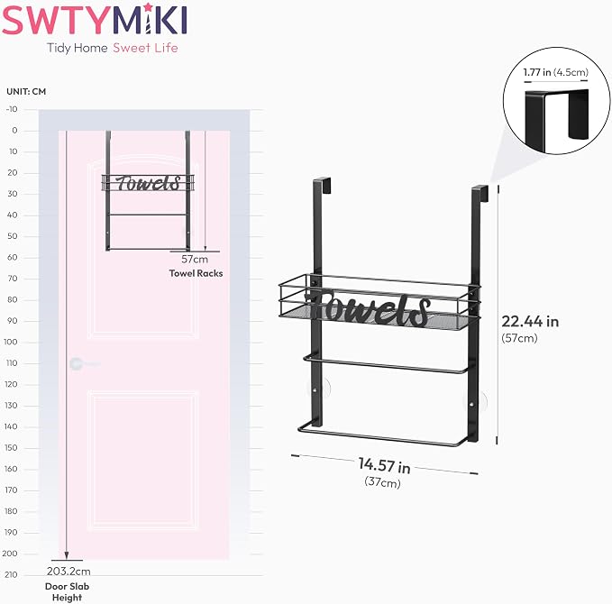 SWTYMIKI Over the Door Towel Racks for Bathroom - 3-Tier Wall Mounted Bathroom Towel Storage Organizer Holder with Metal Shelf, Black