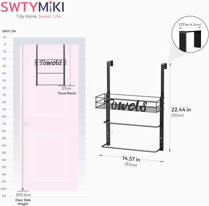 SWTYMIKI Over the Door Towel Racks for Bathroom - 3-Tier Wall Mounted Bathroom Towel Storage Organizer Holder with Metal Shelf, Black