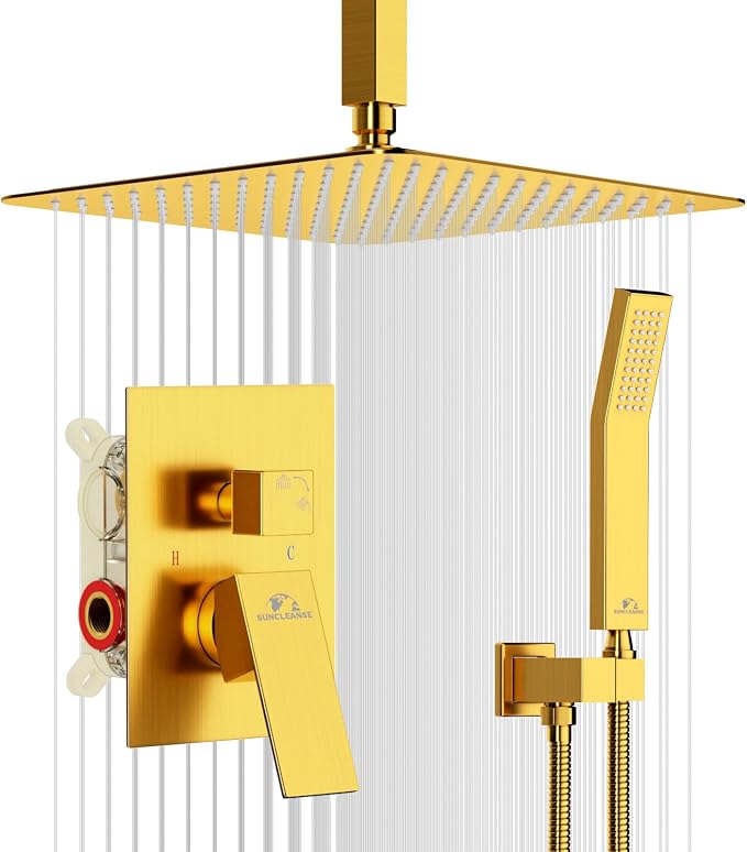 SunCleanse Rainfall Shower System with High Pressure in Brushed Gold | Ceiling mounted shower combo set featuring a 12" square rain head, handheld spray, and rough-in mixer valve with trim.