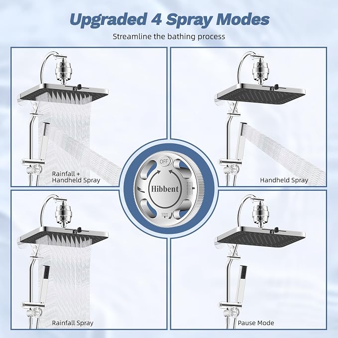 Hibbent 5-spray Filtered Rain Shower Head, 4-Spray Shower Wand, Chrome | cUPC Certified High Pressure Rain Shower head Combo, All Metal 4-way Diverter with Extension Arm, 71'' Hose & Holder