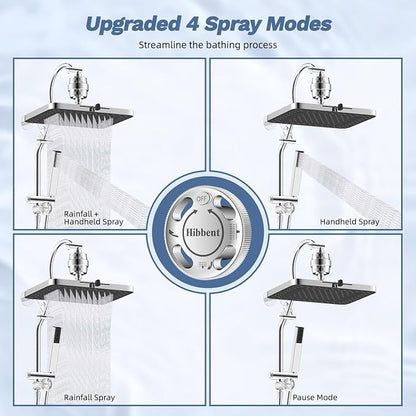 Hibbent 5-spray Filtered Rain Shower Head, 4-Spray Shower Wand, Chrome | cUPC Certified High Pressure Rain Shower head Combo, All Metal 4-way Diverter with Extension Arm, 71'' Hose & Holder