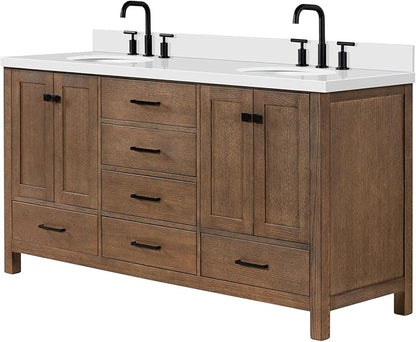 ARIEL Cambridge 66-inch Bathroom Vanity with Sink,Solid Wood, 1.5-inch Pure White Quartz Countertop & Backsplash, Double Oval Porcelain Sink, 4 Soft Closing Doors, 6 Dovetail Drawers, Brown Oak