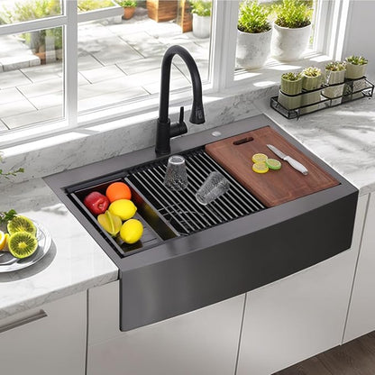 33x22 Inch Drop In Gunmetal Black Farmhouse Sink, 16 Gauge Stainless Steel Single Bowl Apron Front Workstation Farm Sink With Accessories