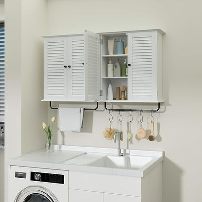 Bathroom Wall Cabinet, Over the Toilet Storage Cabinet, Wooden Wall Cabinet with 2 Doors & Hooks, White Wall Mounted Cabinet, Medicine Cabinet Organizer, Over Toilet Livingroom Kichen