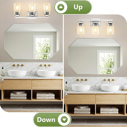 BesLowe 19” Bathroom Light Fixtures, 3-Light Vanity Light Brushed Nickel | Square Clear Glass & Durable Metal, Quick & Easy Installation, Standard E26 Socket, Bright Bathroom Lighting