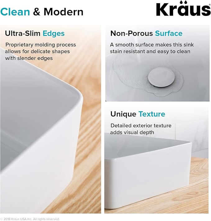 KRAUS Viva™ Square White Porcelain Ceramic Vessel Bathroom Sink with Pop-Up Drain, 15 5/8 in. L x 15 5/8 in. W x 5 1/8 in. H, KCV-202GWH