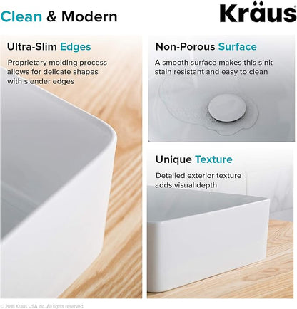 KRAUS Viva™ Square White Porcelain Ceramic Vessel Bathroom Sink with Pop-Up Drain, 15 5/8 in. L x 15 5/8 in. W x 5 1/8 in. H, KCV-202GWH