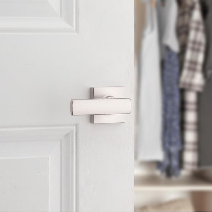 Kwikset Breton Interior Passage Door Handle, Lever For Closet and Hallway Doors, Reversible Non-Locking Handle Lever, Satin Nickel , with Microban Protection