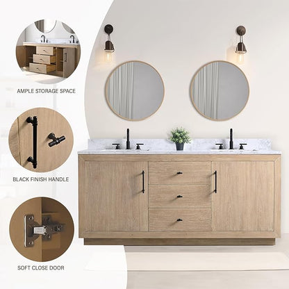 HOMEBEYOND 72 Inch Bathroom Vanity with Double Sink & Ceramic Top, MDF Material Vanity Cabinet with Basin Combo, Soft-Closing Doors, Removable Shelf, Backsplash