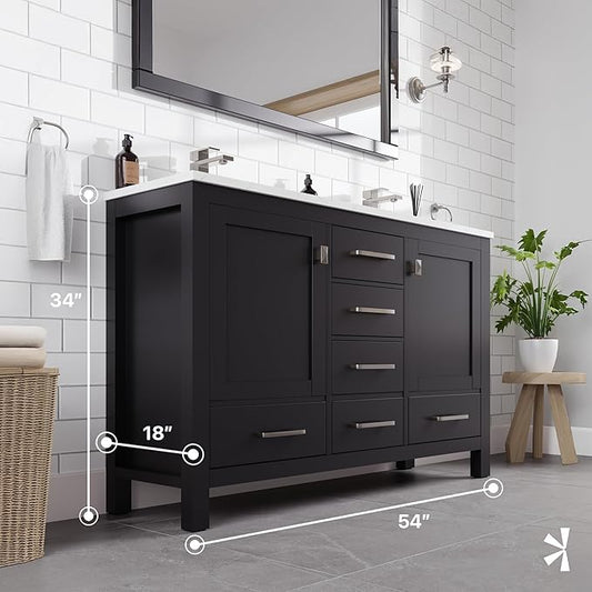 Eviva London 54 in. Espresso Double Sink Bath Vanity with Carrara Quartz Top and Undermount Porcelain Sinks