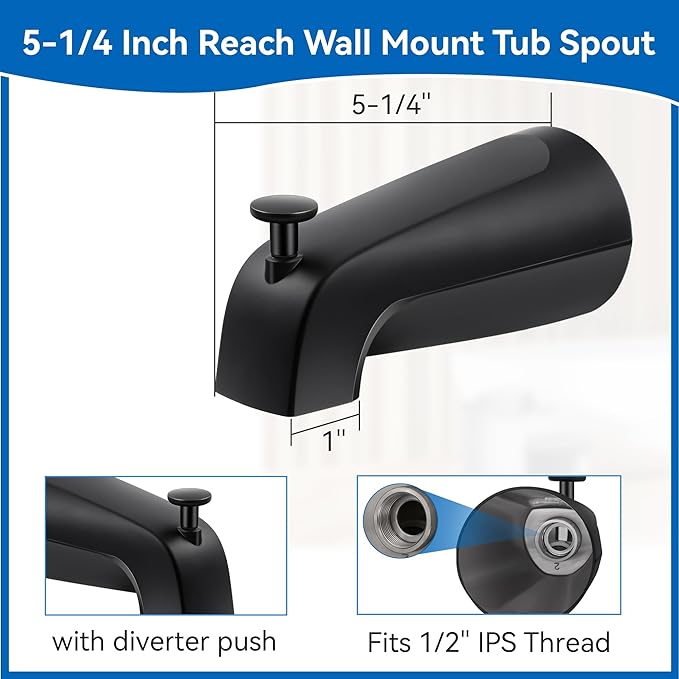 Dreyoo 5 1/4 Inch Bathroom Tub Spout Compatible with Westbrass E531D-1F-62, Fits Wall Front Mount Tub Spout with Shower Diverter 1/2'' IPS Inside Thread Bathtub Faucet(Matte Black)