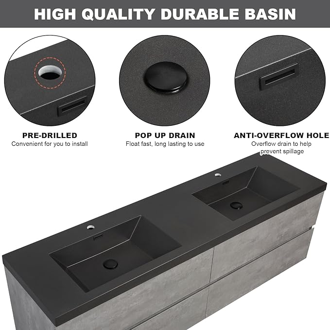 Wall Mounted 72 Inch Bathroom Vanity with Sink, Floating Vanity Bathroom, Double Sink Bathroom Vanity, 4 Drawers, Resin Integrated Sink (Dark Birch)