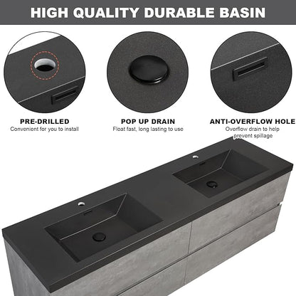 Wall Mounted 72 Inch Bathroom Vanity with Sink, Floating Vanity Bathroom, Double Sink Bathroom Vanity, 4 Drawers, Resin Integrated Sink (Dark Birch)