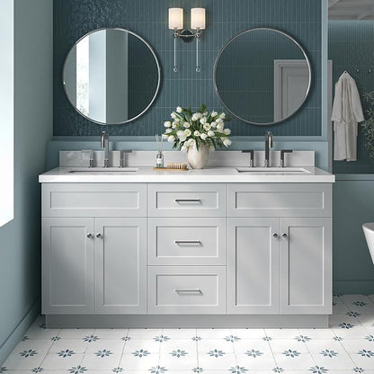 ARIEL Hamlet 66-inch Bathroom Vanity with Sink,Solid Wood, 1.5-inch Pure White Quartz Countertop & Backsplash, Double Rectangular Porcelain Sink, 4 Soft Closing Doors, 3 Dovetail Drawers, Grey