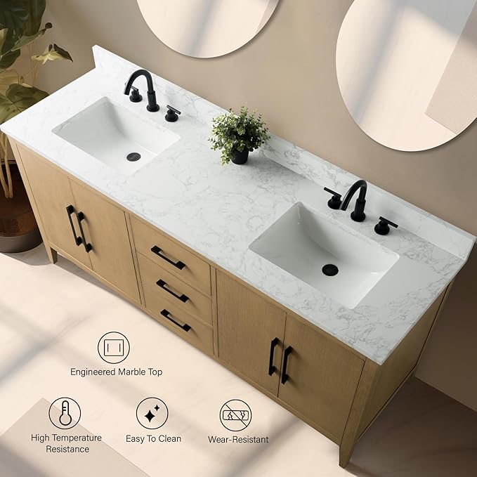 Vanity Art 72 inch Bathroom Vanity with Double Sink & Ceramic Top, Vanity Cabinet with Soft-Closing Doors, Drawers, Solid Wood Frame, Natural Oak, Matte Black Handware