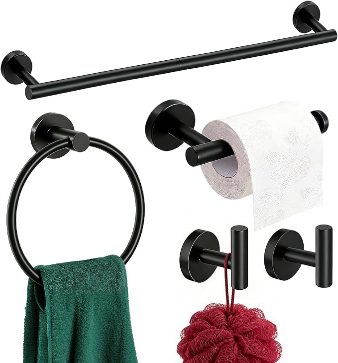 Matte Black 24in Stainless Steel Bathroom Hardware Set | Towel Bar Set , Bathroom Accessories Set Wall Mounted, Towel Racks for Bathroom, Towel Ring, Towel Hooks, Toilet Paper Holder