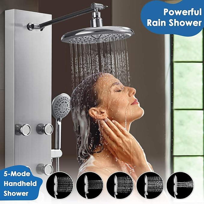 ROVOGO 304 Stainless Steel Shower Panels System with 8-inch Rainfall Shower, 6 Body Jets and 5-Setting Handheld Shower Wand, Shower Tower with Adjustable Head, Brushed