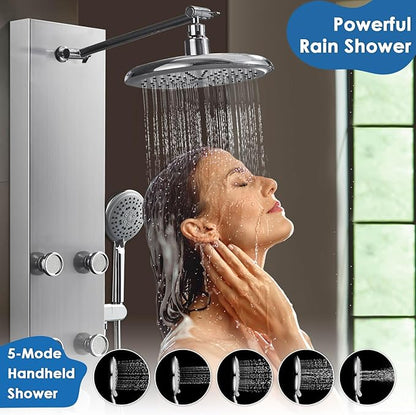 ROVOGO 304 Stainless Steel Shower Panels System with 8-inch Rainfall Shower, 6 Body Jets and 5-Setting Handheld Shower Wand, Shower Tower with Adjustable Head, Brushed