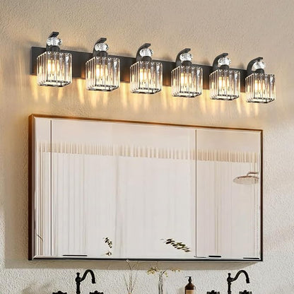 Modern Bathroom Vanity Light, 6-Light Black Bathroom Lighting Fixtures Over Mirror, 44.1" Crystal Wall Light Sconce for Bathroom/Bedroom/Vanity, Includes LED Bulbs, Easy Installation